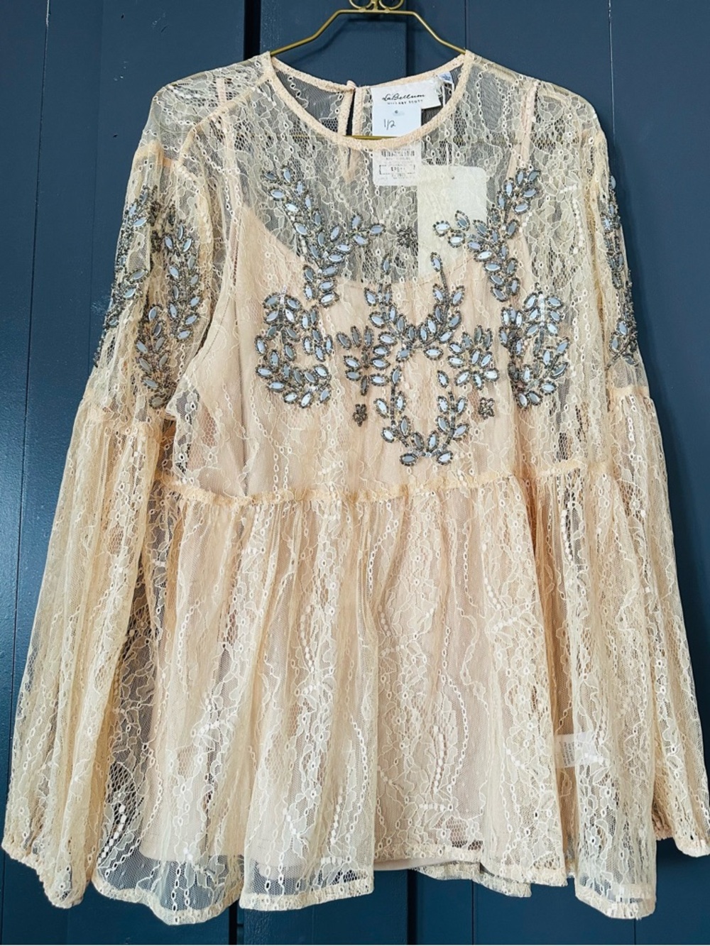 Embellished Cream Lace Peplum Top by